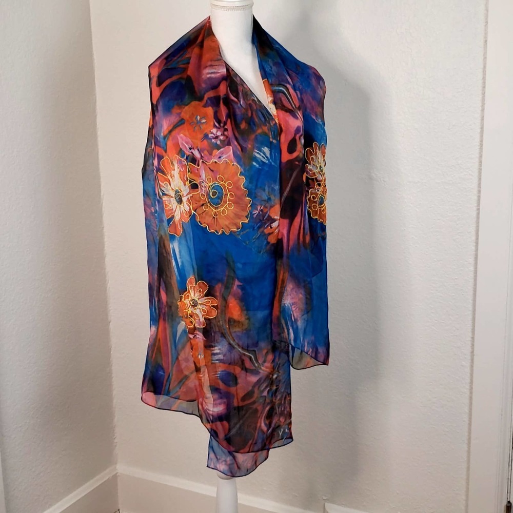 Floral Rectangular Tissue Scarf Blue multicolor - Picture 2 of 3